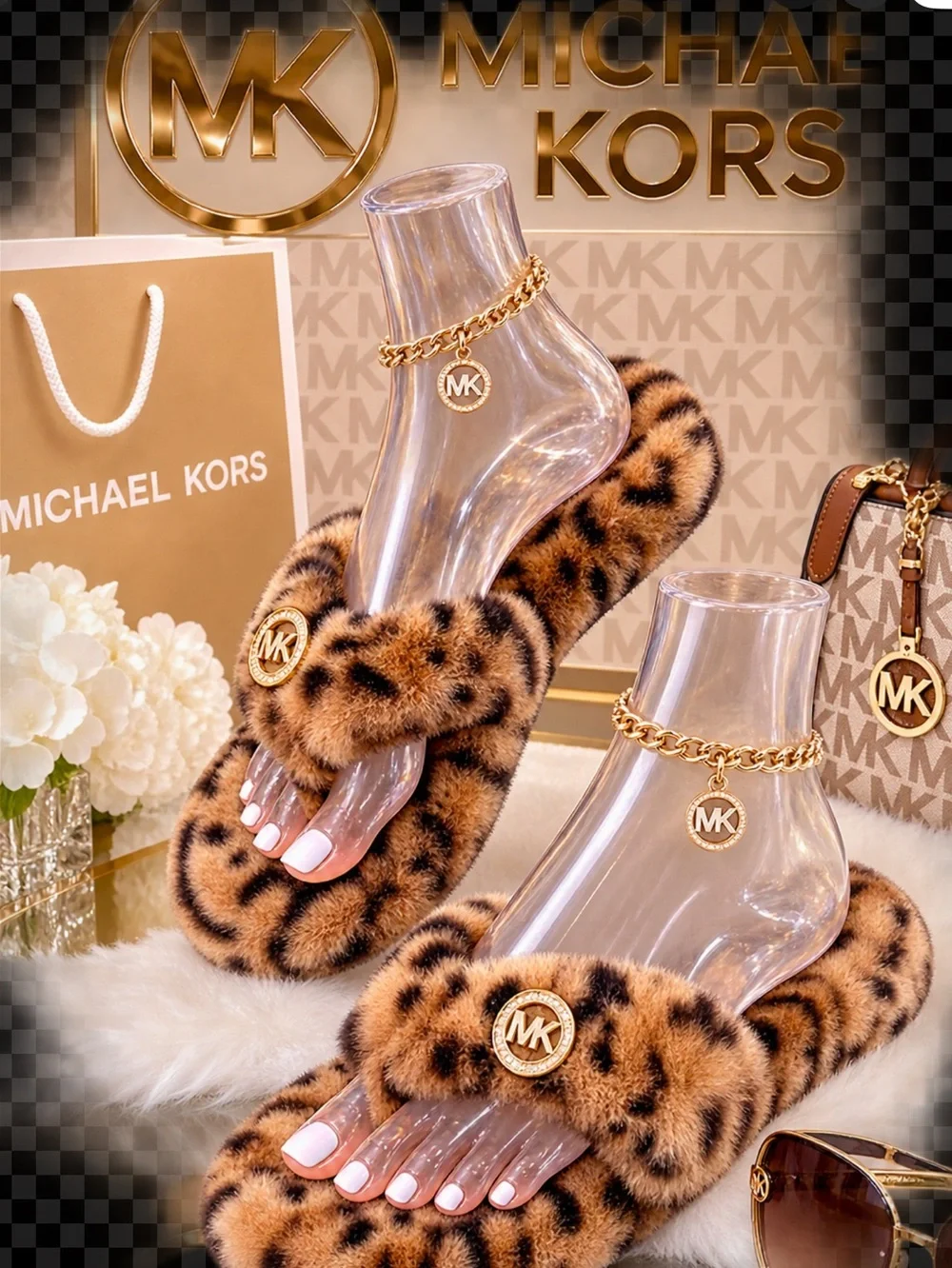 Michael Kors Leopard Print Faux-Fur Slide Sandals in Brown and Black